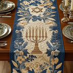 Golden Menorah on Blue Foliage Table Runner