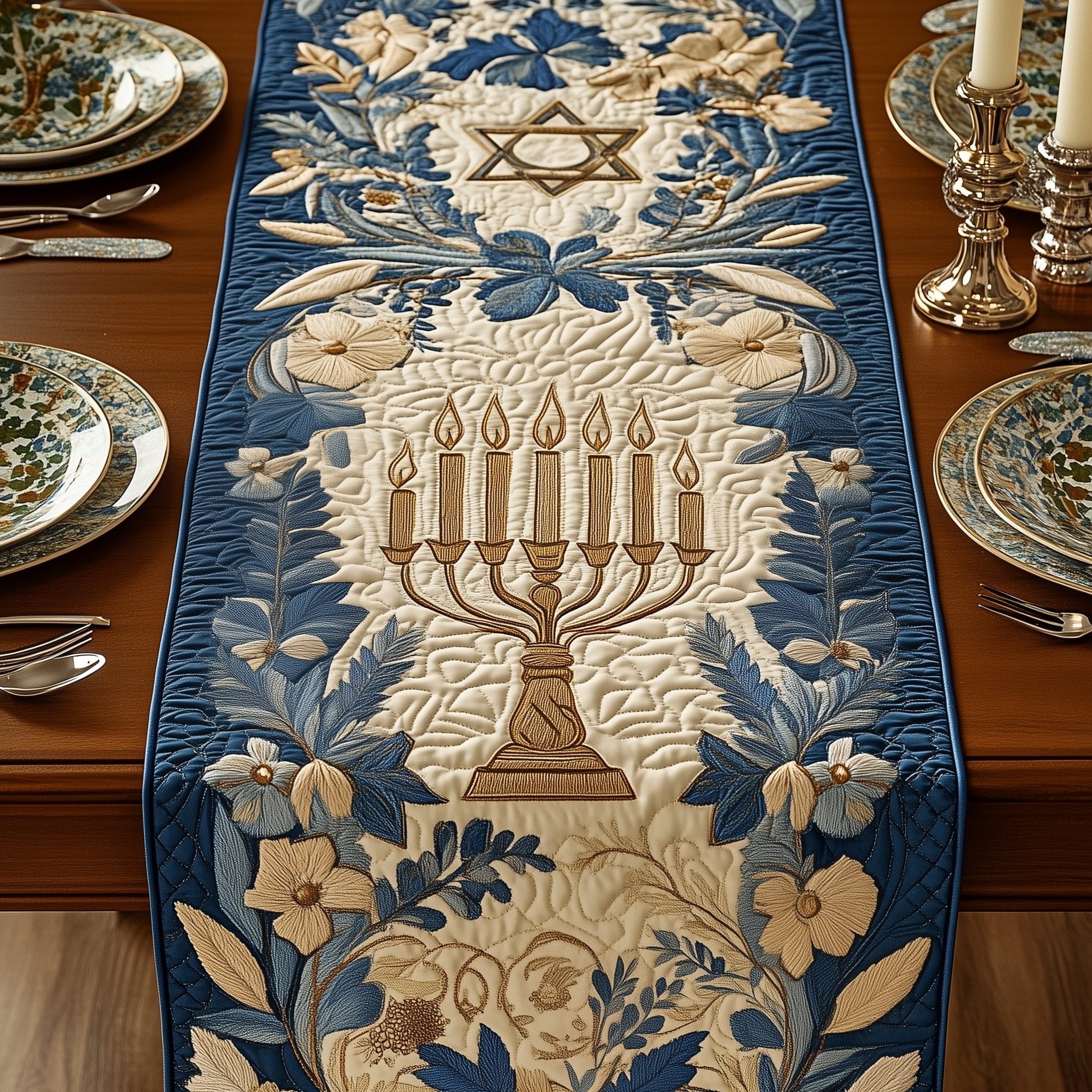 Golden Menorah on Blue Foliage Table Runner
