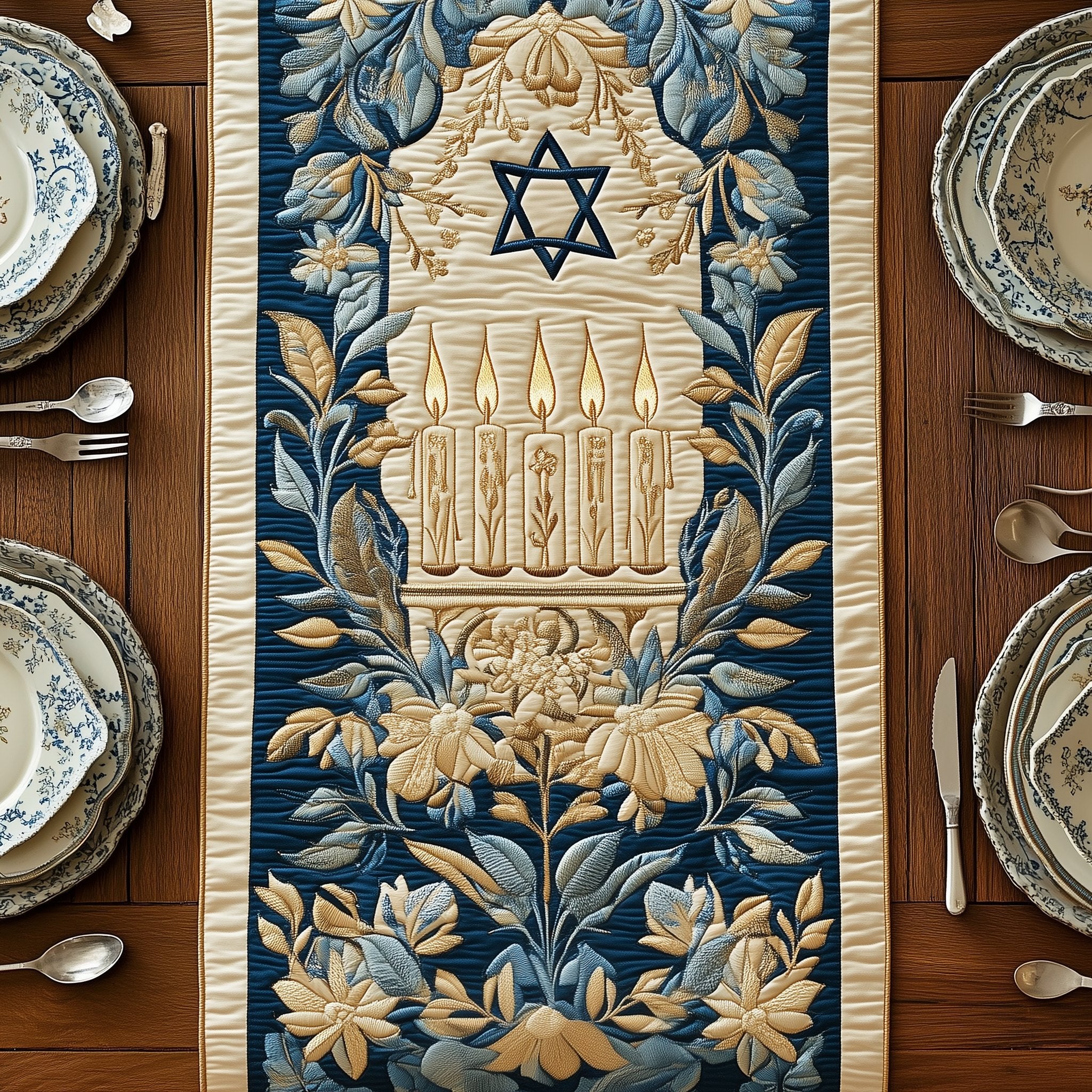 Menorah Candles in Blue and Cream Table Runner