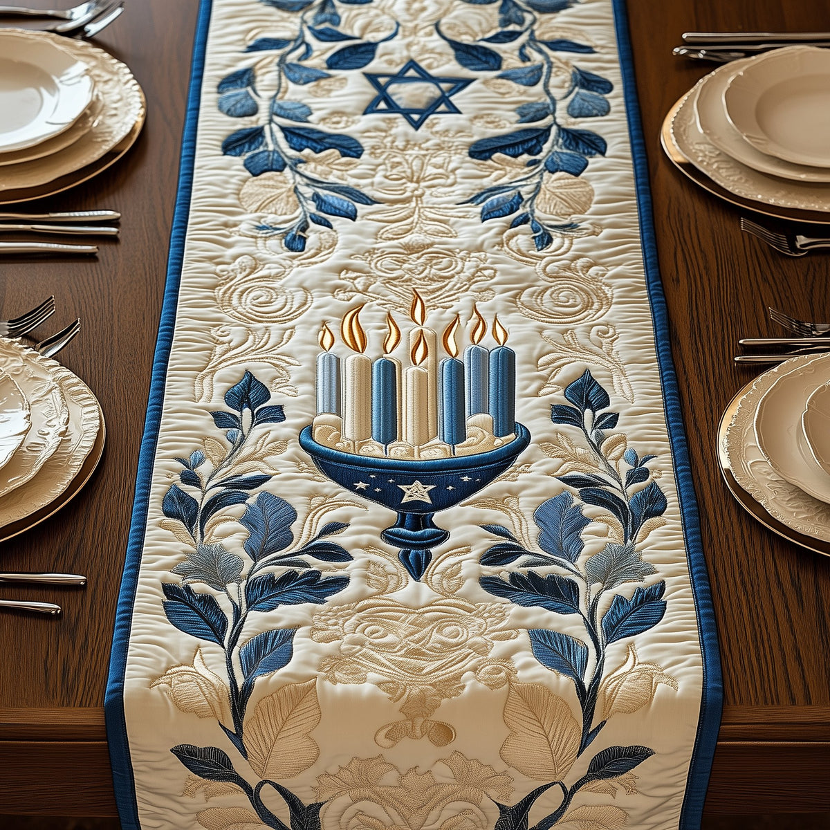 Hanukkah Candles with Dreidel Table Runner