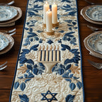 Menorah with Blue Leaf Border Table Runner
