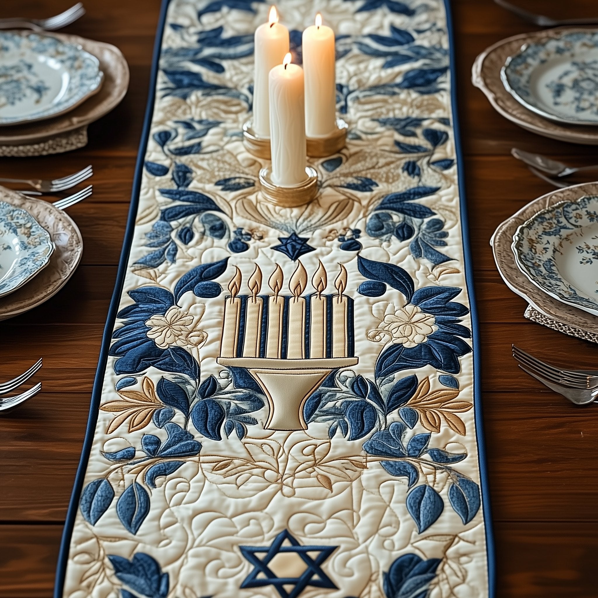 Menorah with Blue Leaf Border Table Runner