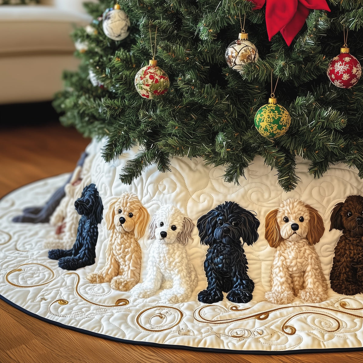Black and Cream Poodles Gold Swirls Christmas Tree Skirt