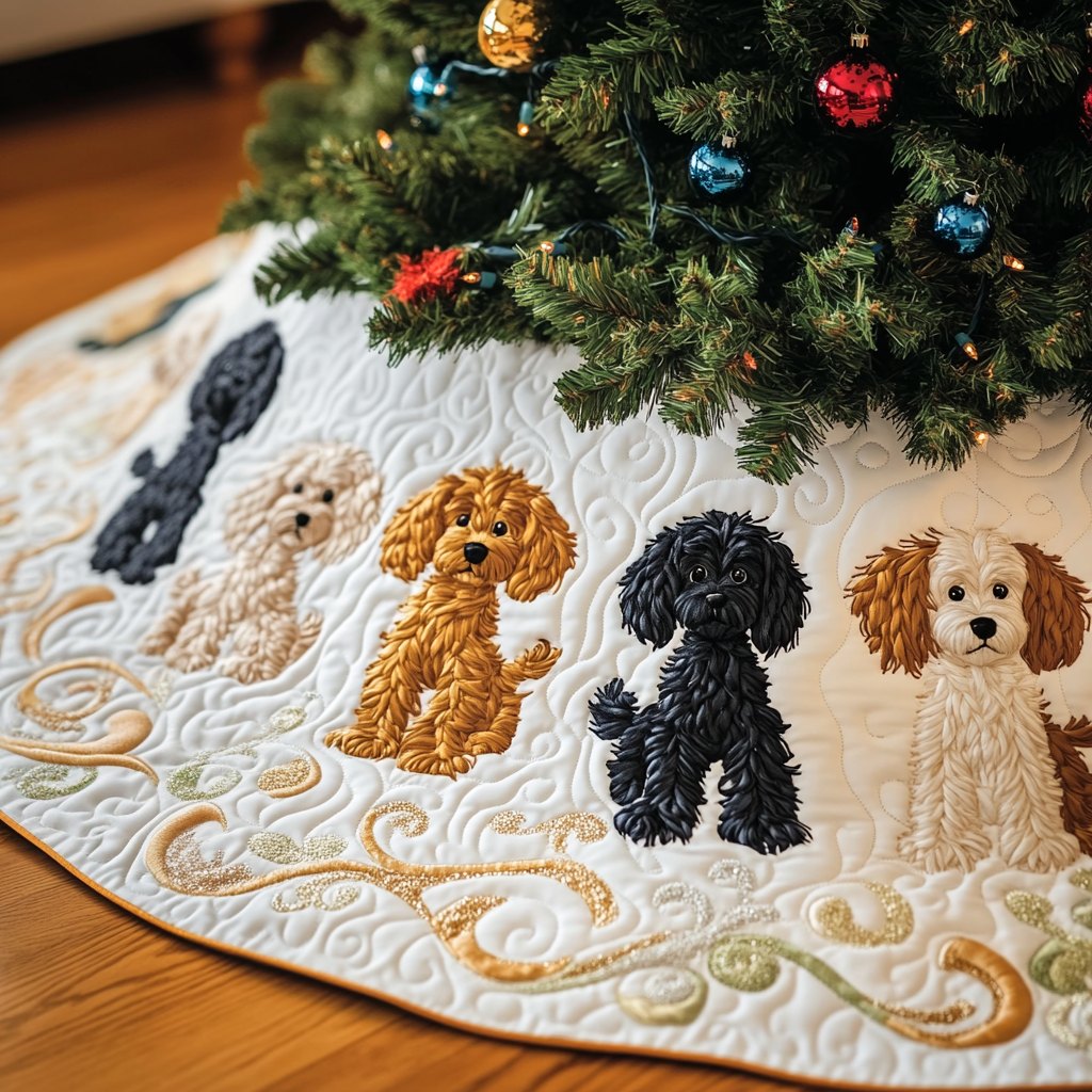 Golden Poodle Trio on Ivory Christmas Tree Skirt