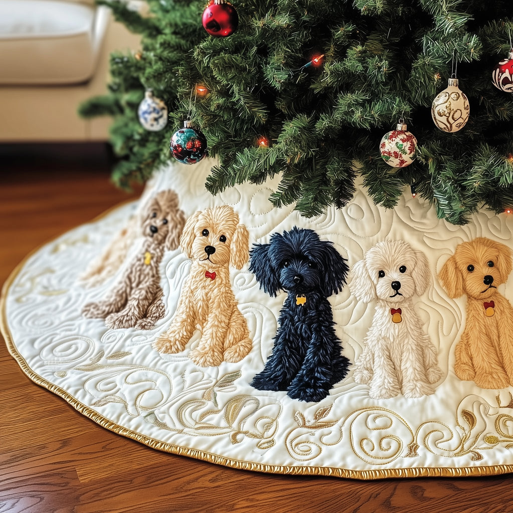 Cream Poodles with Black Poodle Center Christmas Tree Skirt