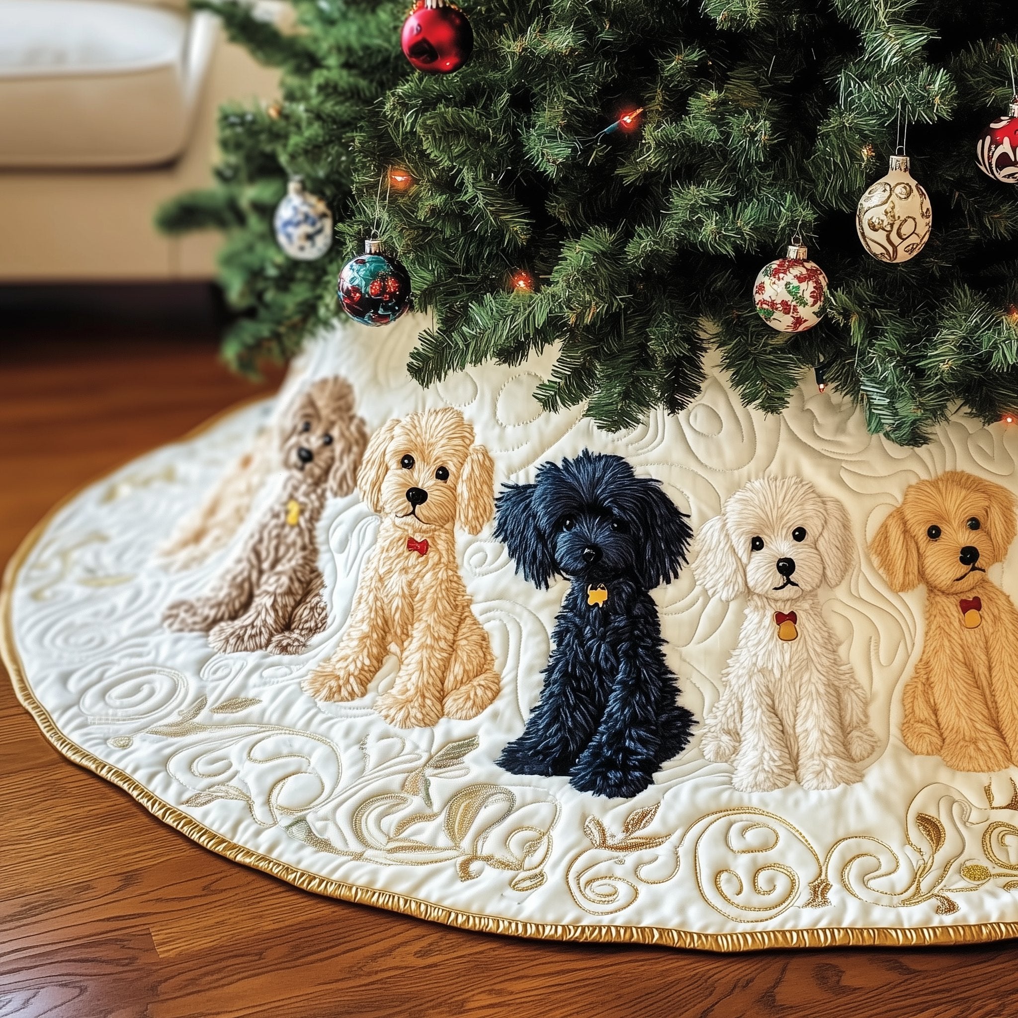 Cream Poodles with Black Poodle Center Christmas Tree Skirt