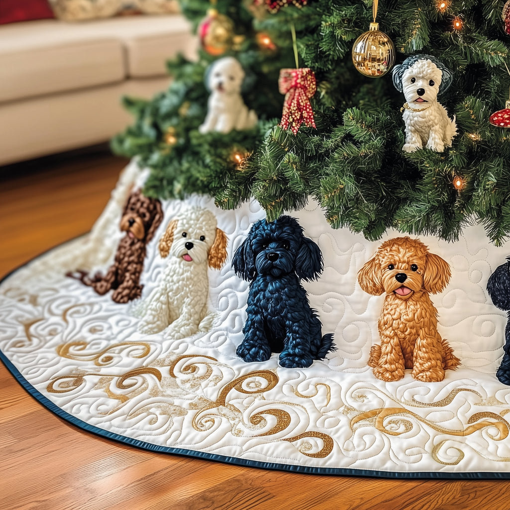 Grey and Apricot Poodles Navy Rim Christmas Tree Skirt