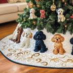 Grey and Apricot Poodles Navy Rim Christmas Tree Skirt
