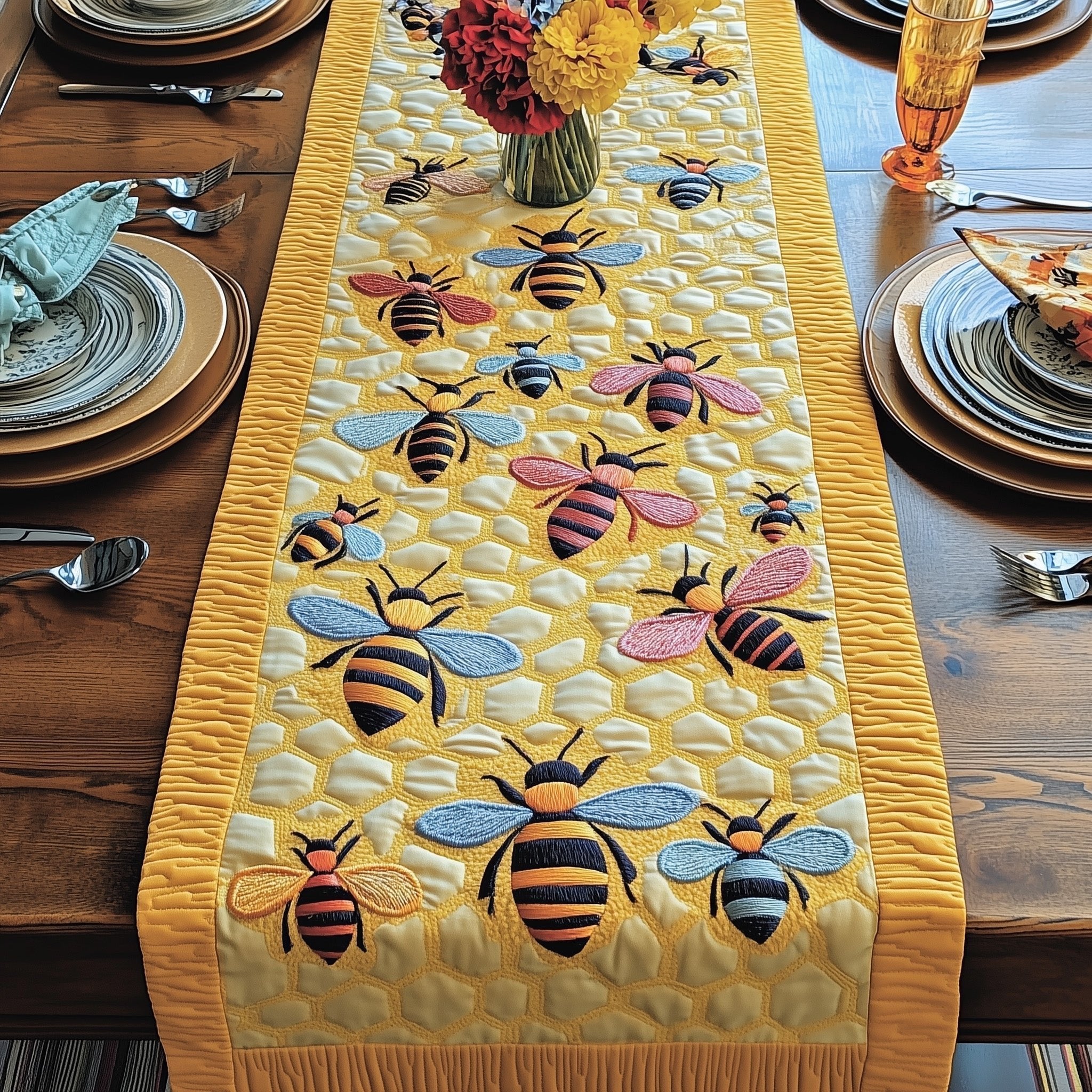 Bees on Pale Yellow Stripes Table Runner