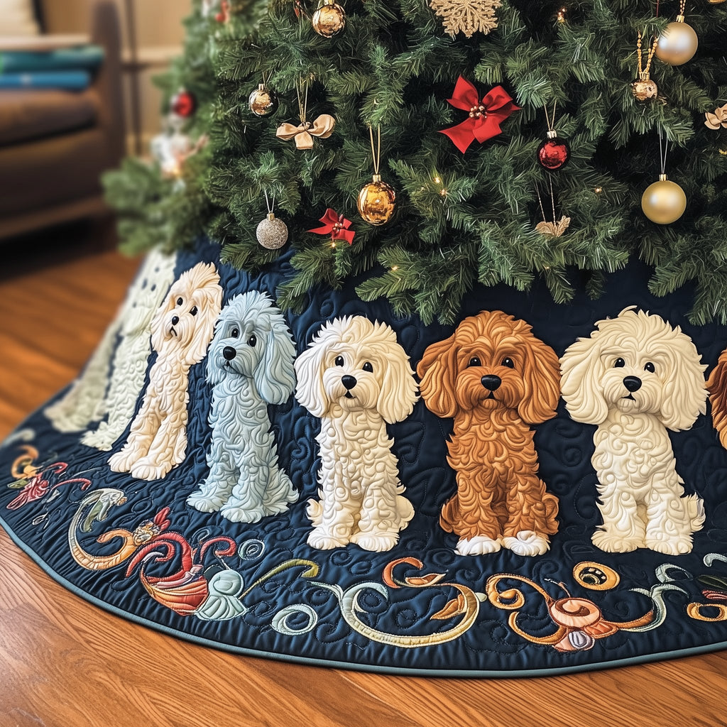 Poodles on Navy Gold Scrollwork Christmas Tree Skirt