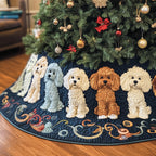 Poodles on Navy Gold Scrollwork Christmas Tree Skirt