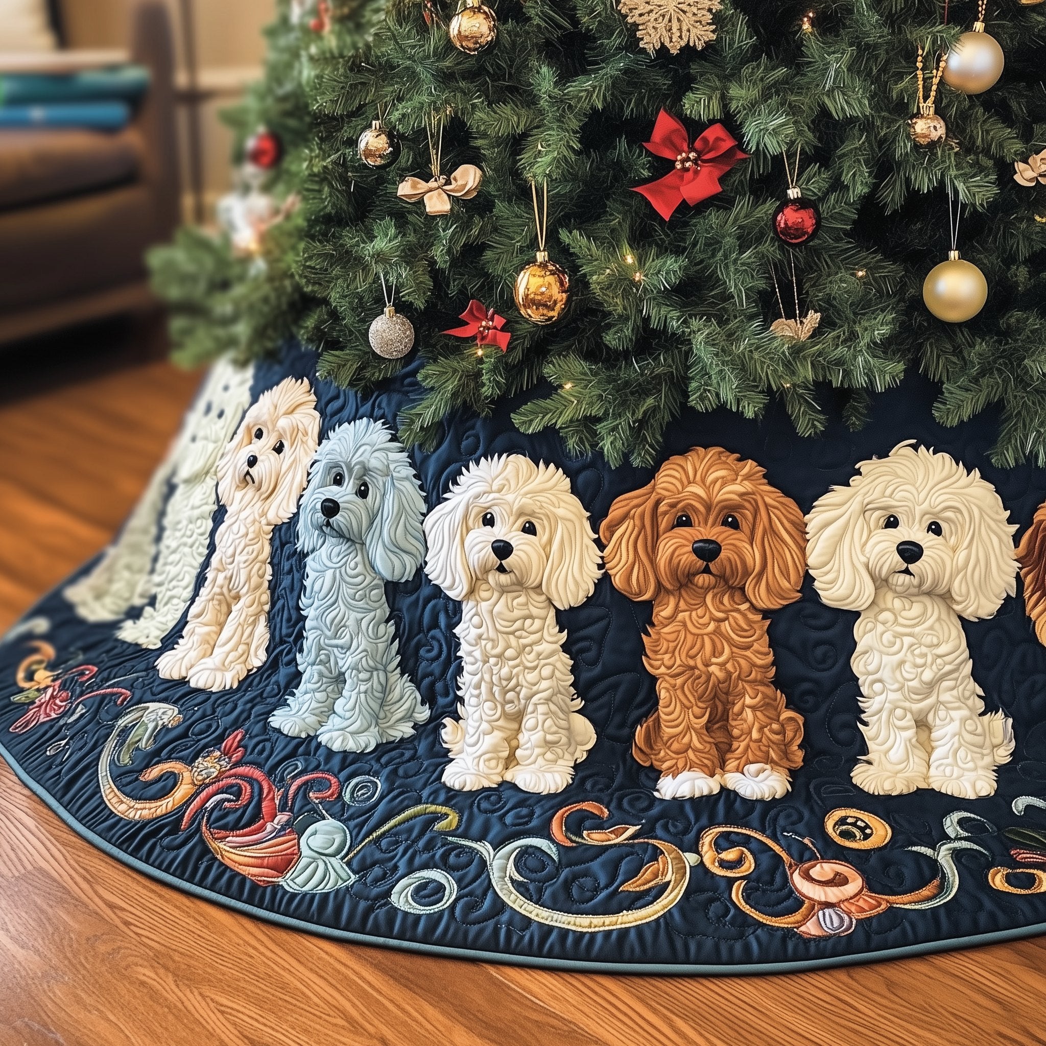 Poodles on Navy Gold Scrollwork Christmas Tree Skirt