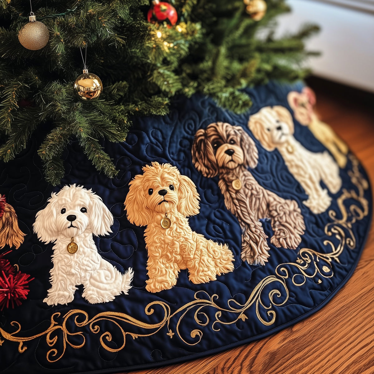 Apricot Poodles on Charcoal Scroll Christmas Tree Skirt