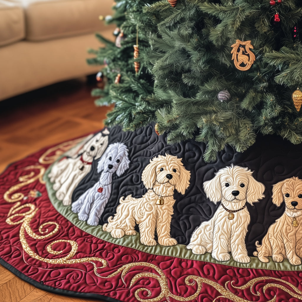 Cream Poodles on Burgundy Quilt Christmas Tree Skirt