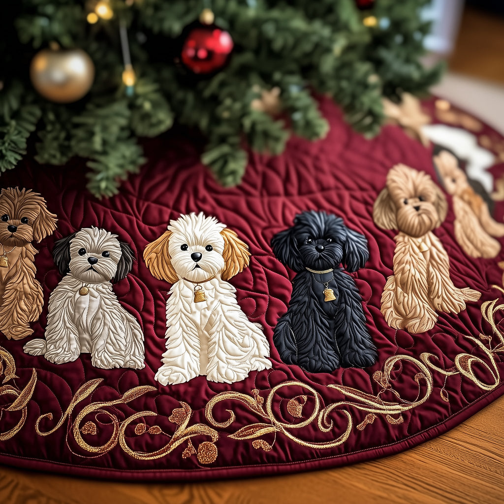 White and Black Doodles Red Scroll Christmas Tree Skirt