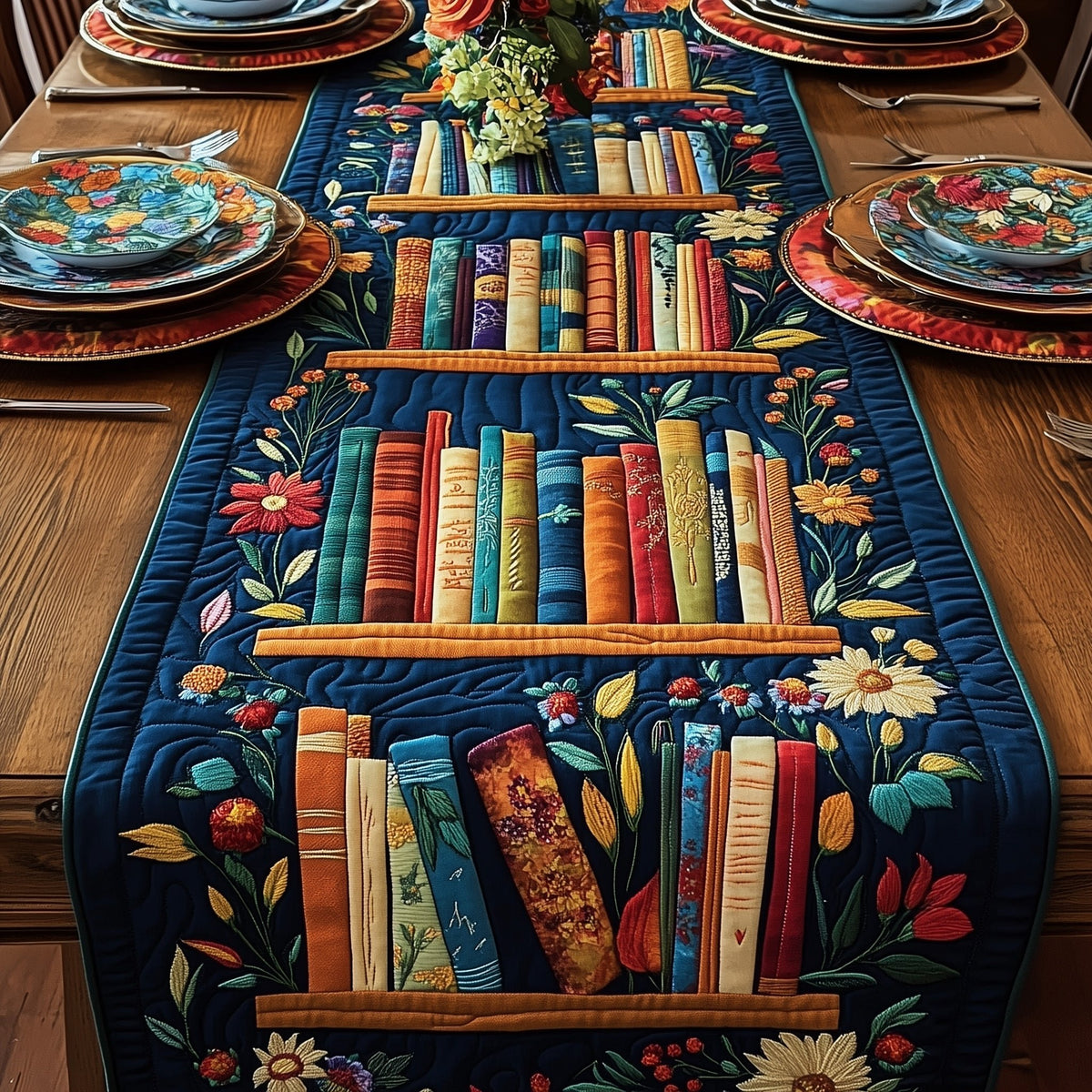 Bookshelf with Flowers on Navy Table Runner