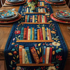 Bookshelf with Flowers on Navy Table Runner
