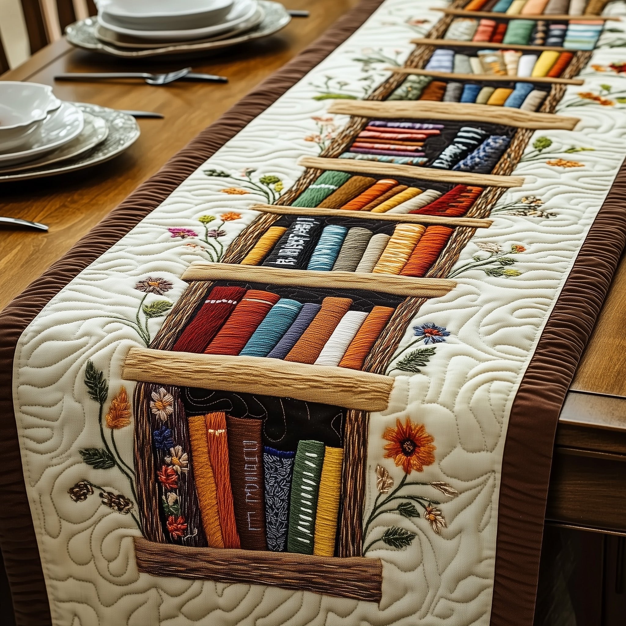 Bookshelf with Sunflowers on Cream Table Runner