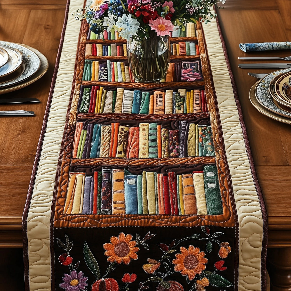 Bookcase with Orange Blossoms Table Runner