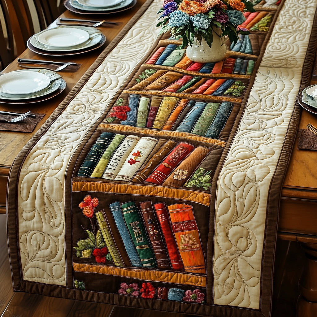 Book Spines on Ivory Quilt Table Runner