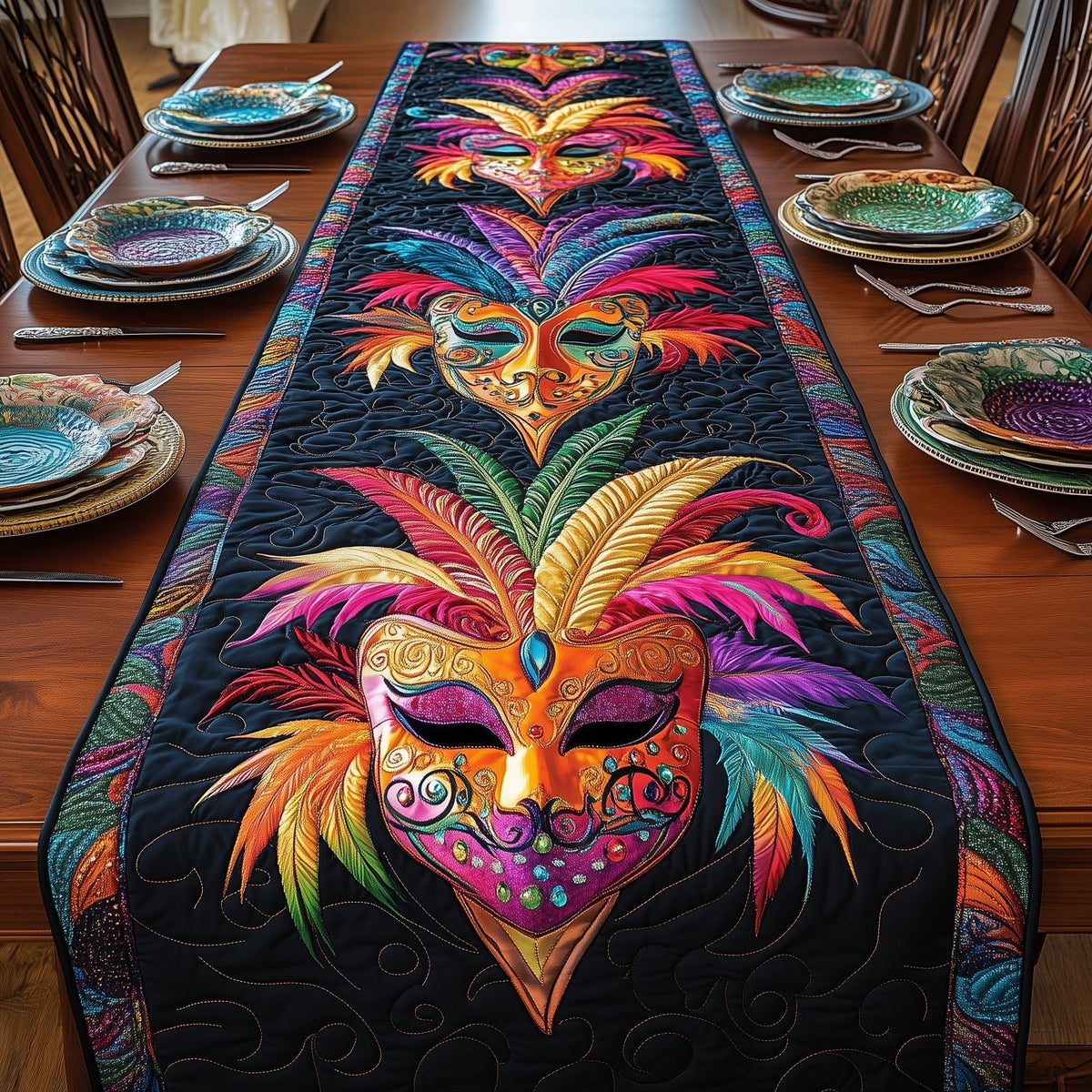 Feathered Carnival Mask on Navy Table Runner