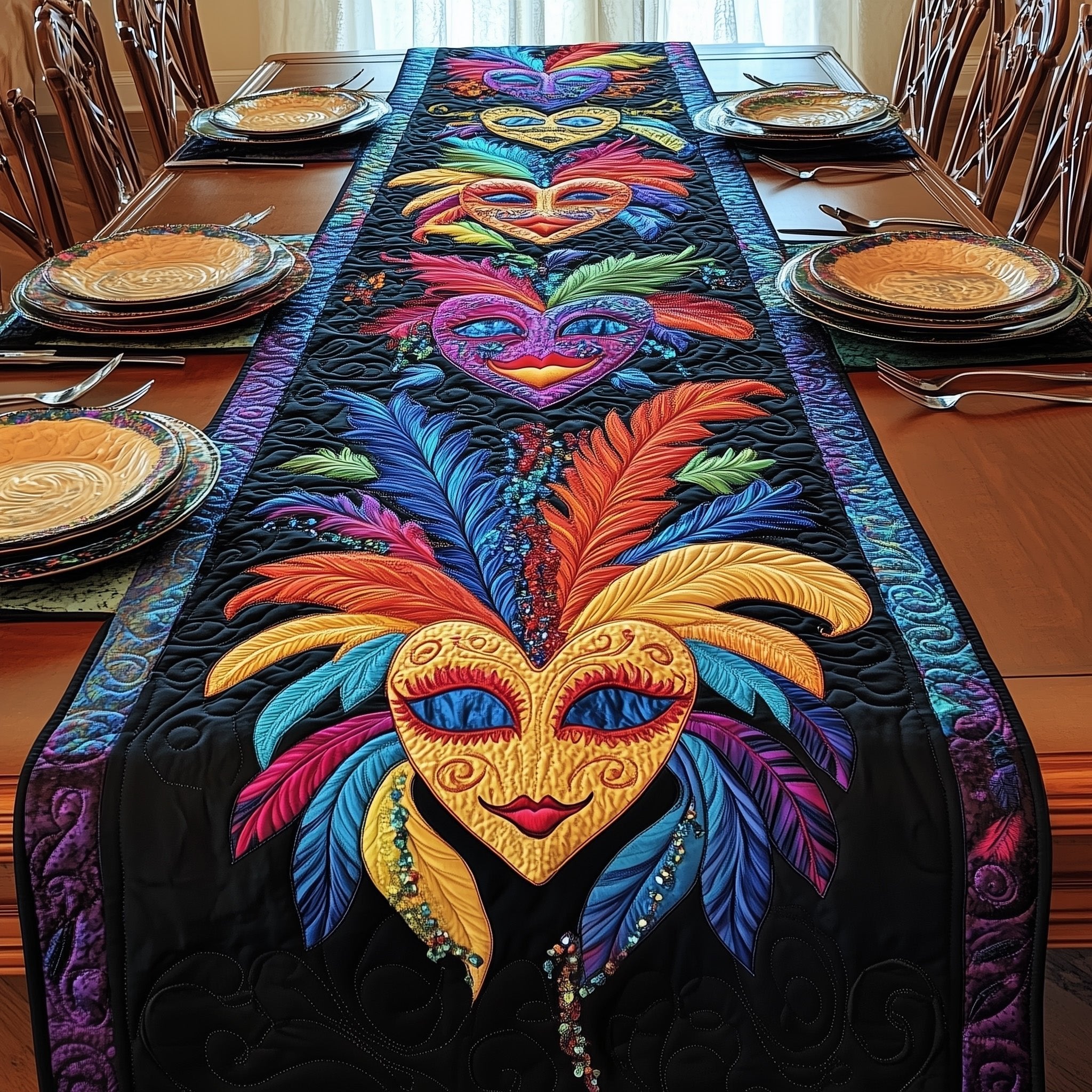 Purple Feather Masquerade Mask Table Runner
