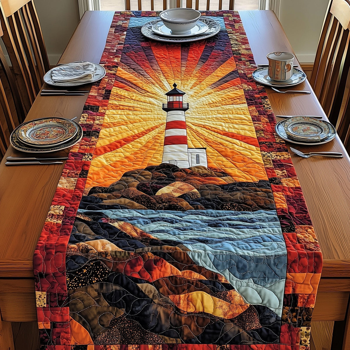 Lighthouse in Golden Sunset Rays Table Runner