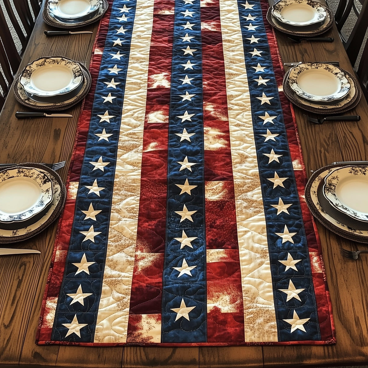 Red Blue Stripes with White Stars Table Runner