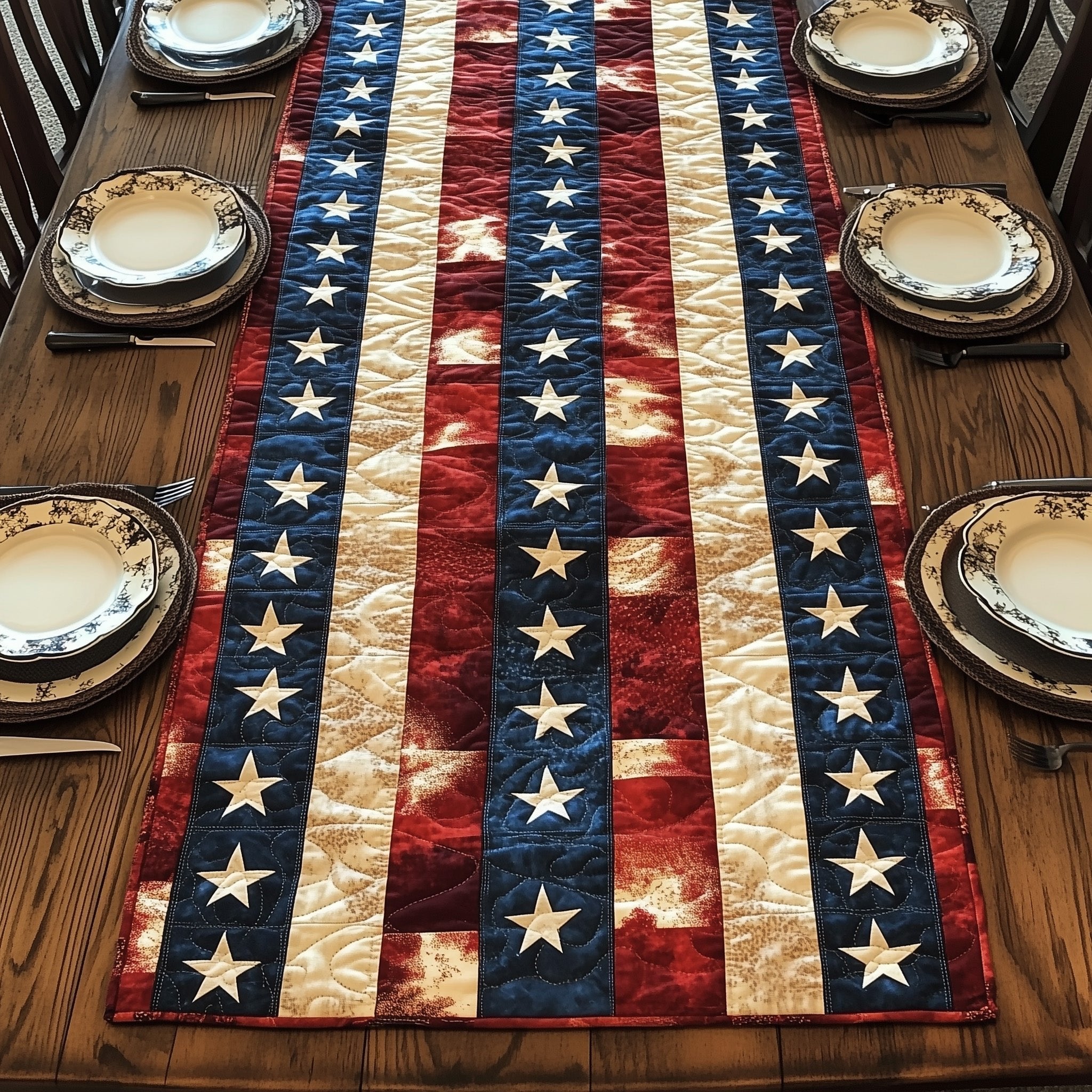 Red Blue Stripes with White Stars Table Runner