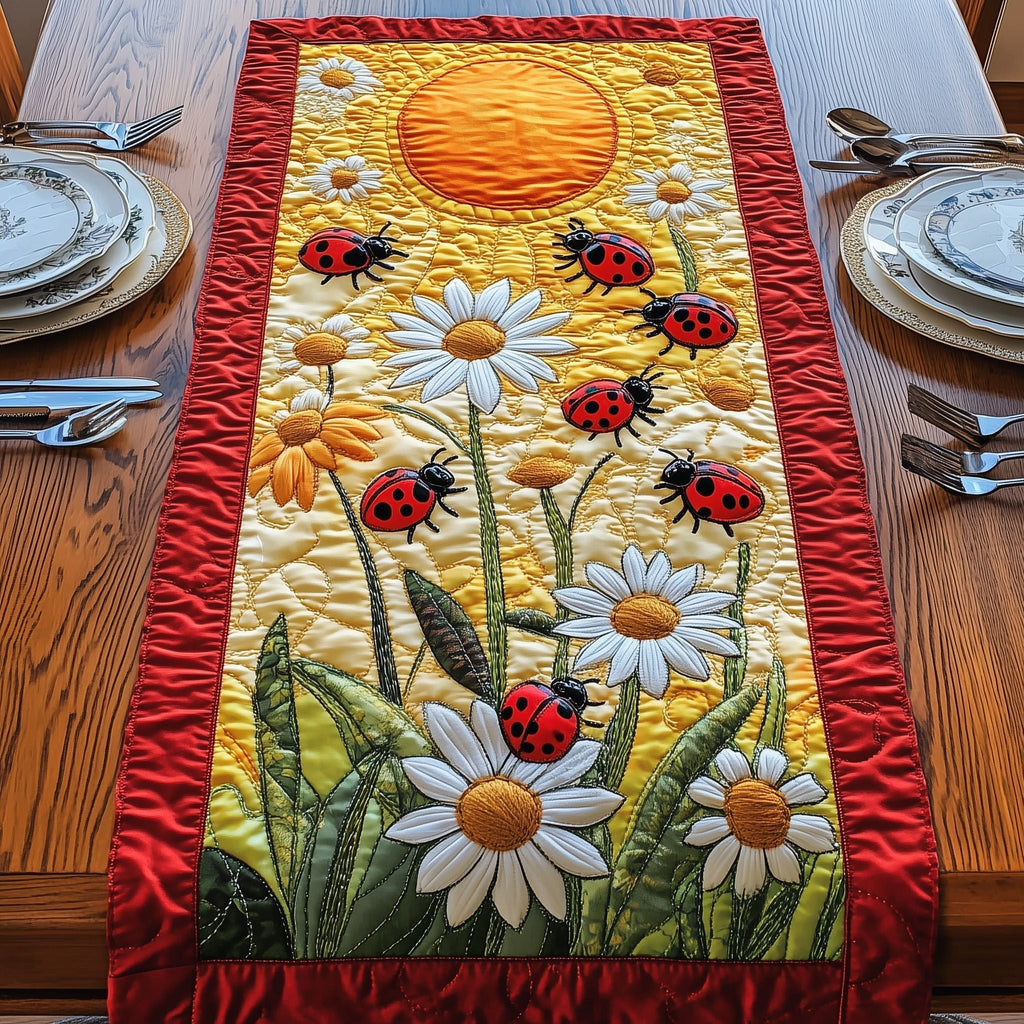 Daisies and Ladybugs on Yellow Table Runner