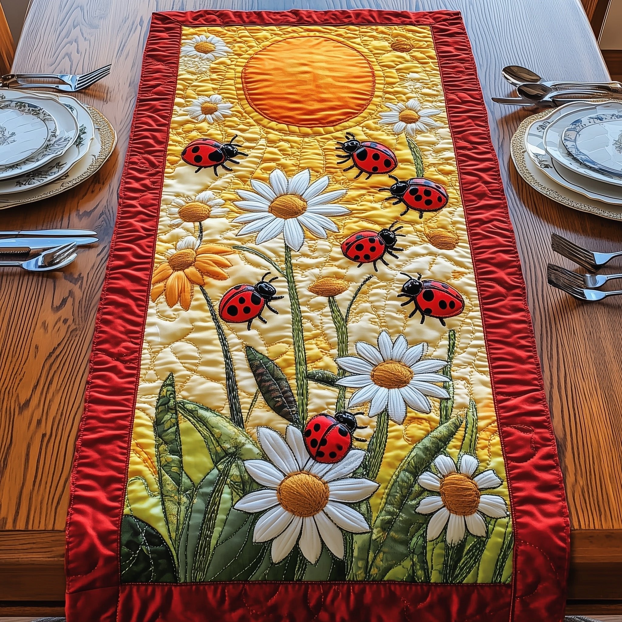 Daisies and Ladybugs on Yellow Table Runner