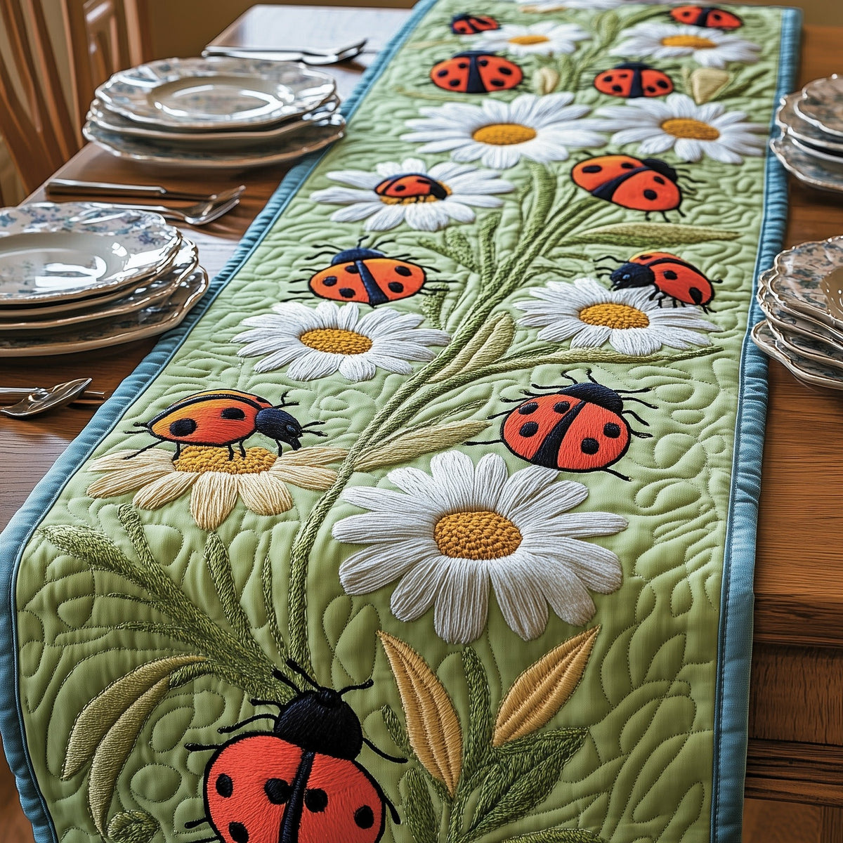Ladybugs on Daisies and Green Table Runner
