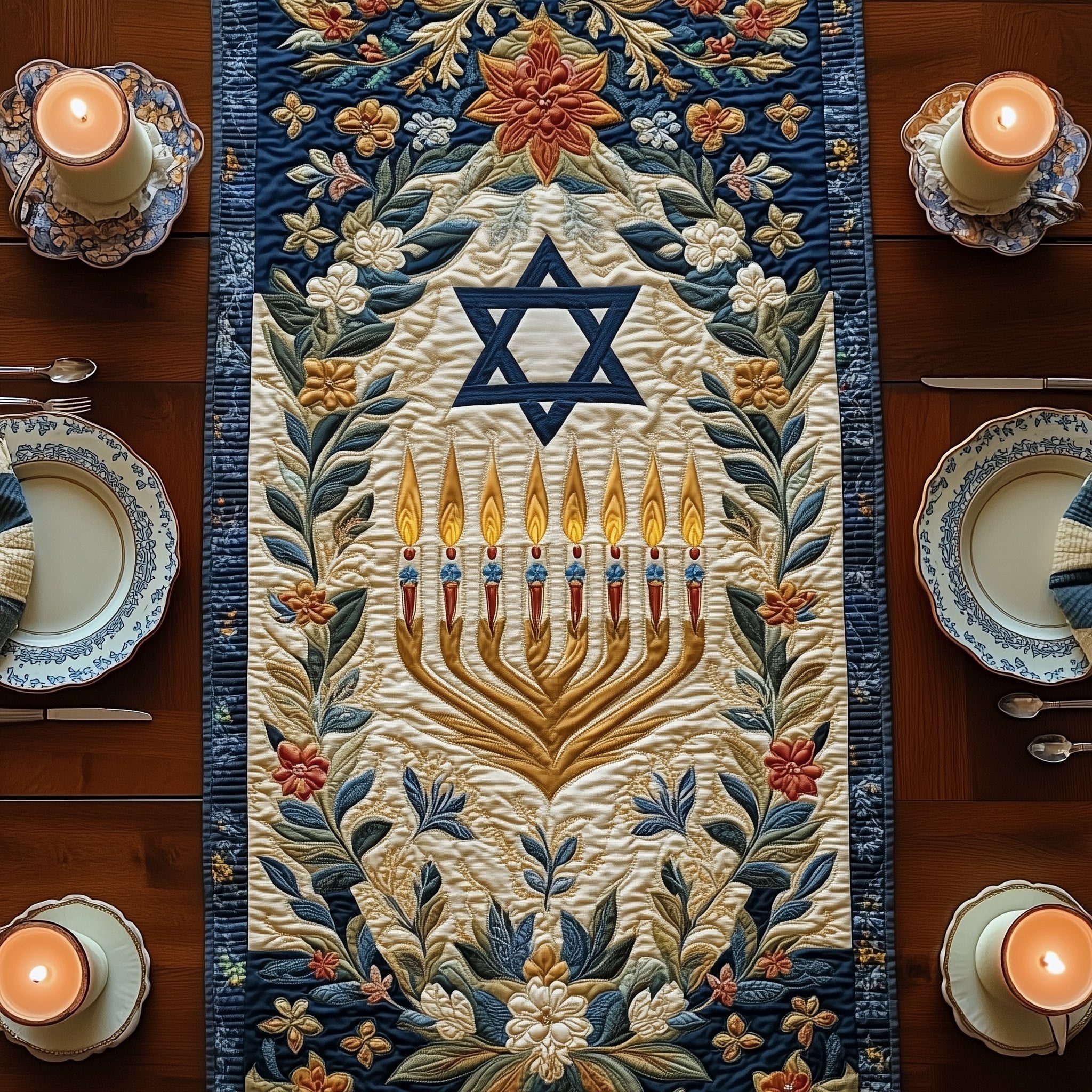 Menorah with Star of David Table Runner