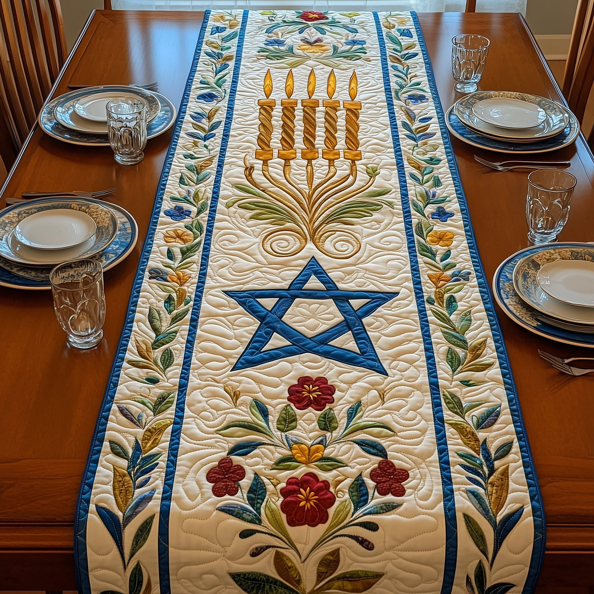 Star of David with Folk Flowers Table Runner