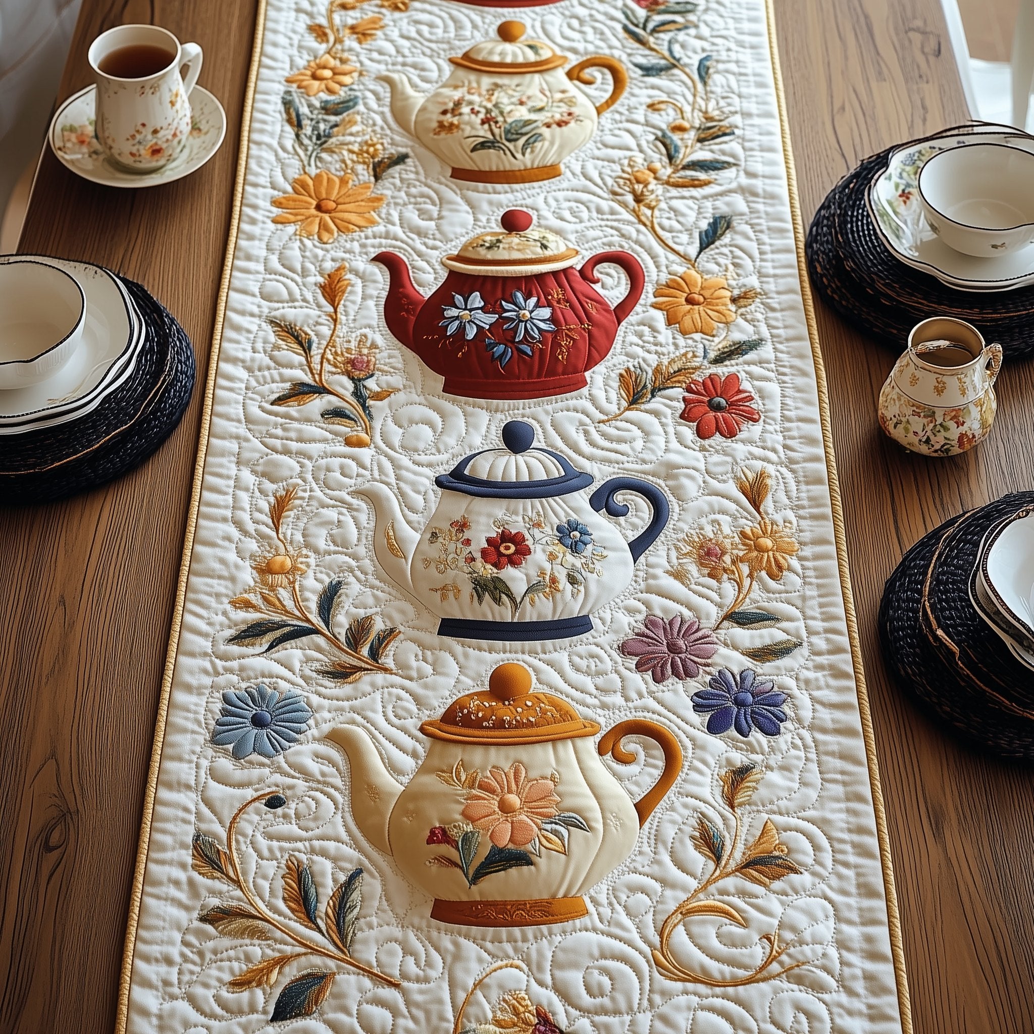 Assorted Teapots with Small Flowers Table Runner