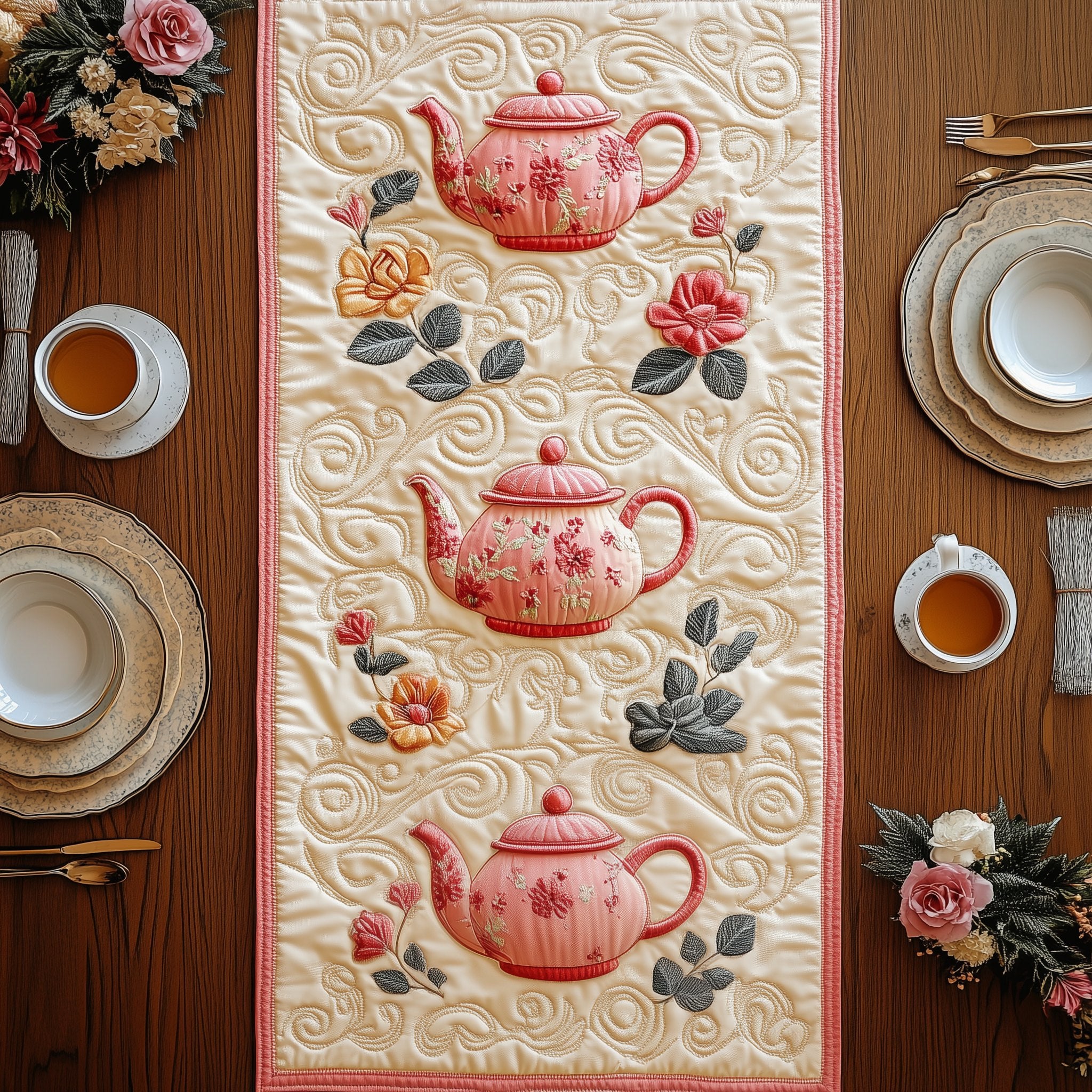 Pink Teapots on Cream Stripe Table Runner