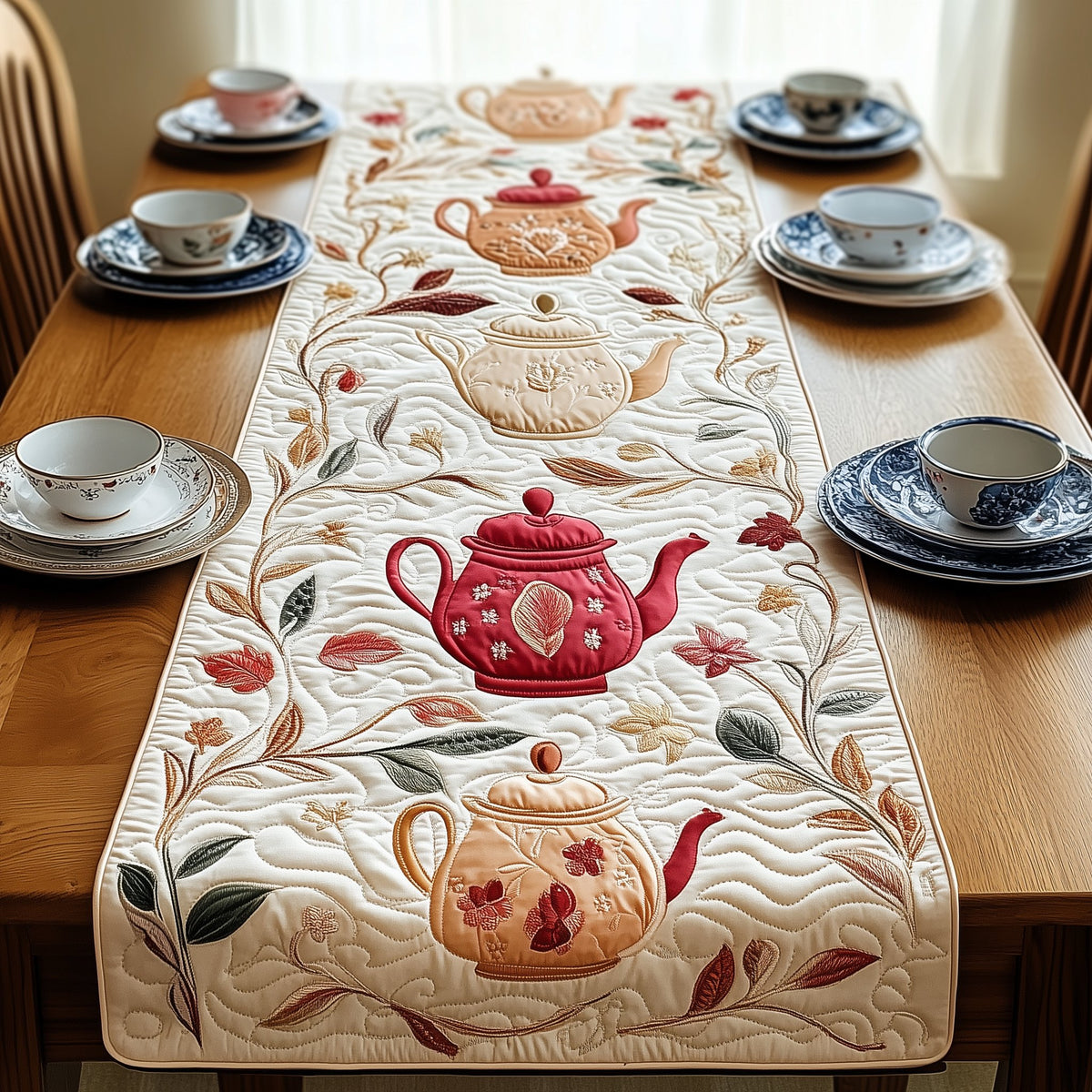 Red Teapot with Trailing Vines Table Runner