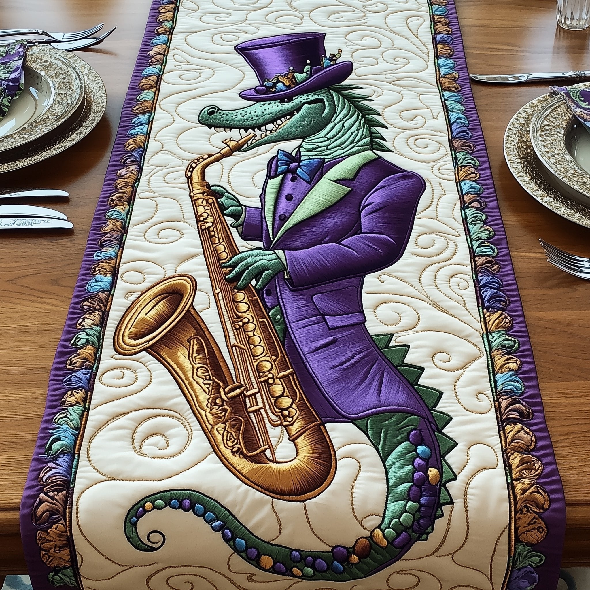 Alligator in Purple Suit with Saxophone Table Runner