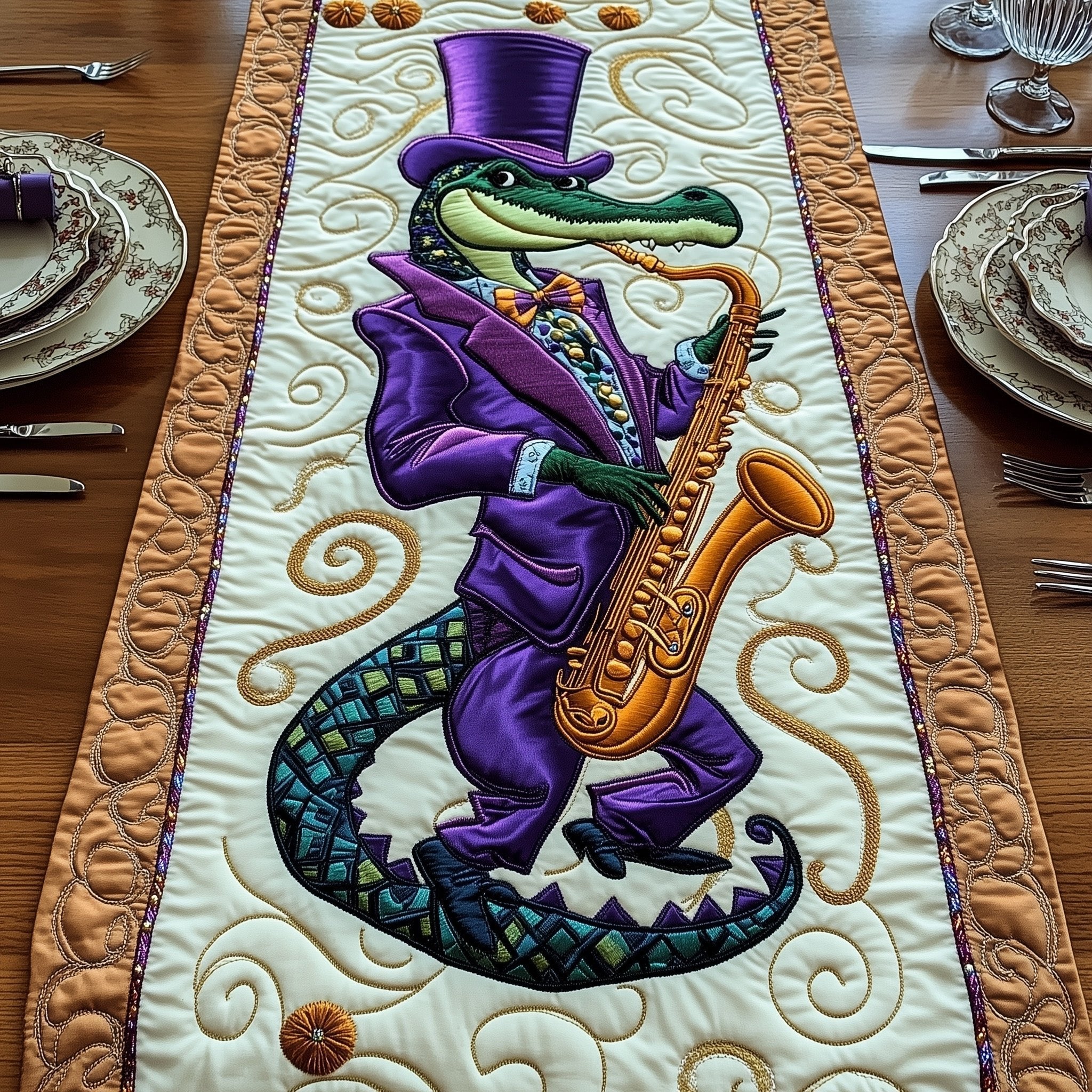 Purple Jacket Alligator Playing Saxophone Table Runner