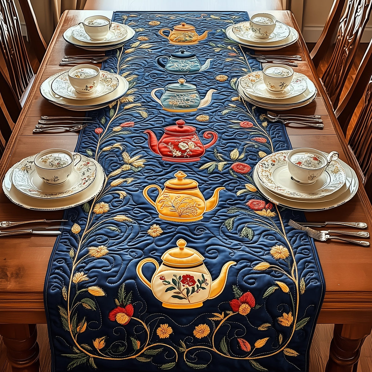 Yellow Teapots on Navy Folk Art Table Runner