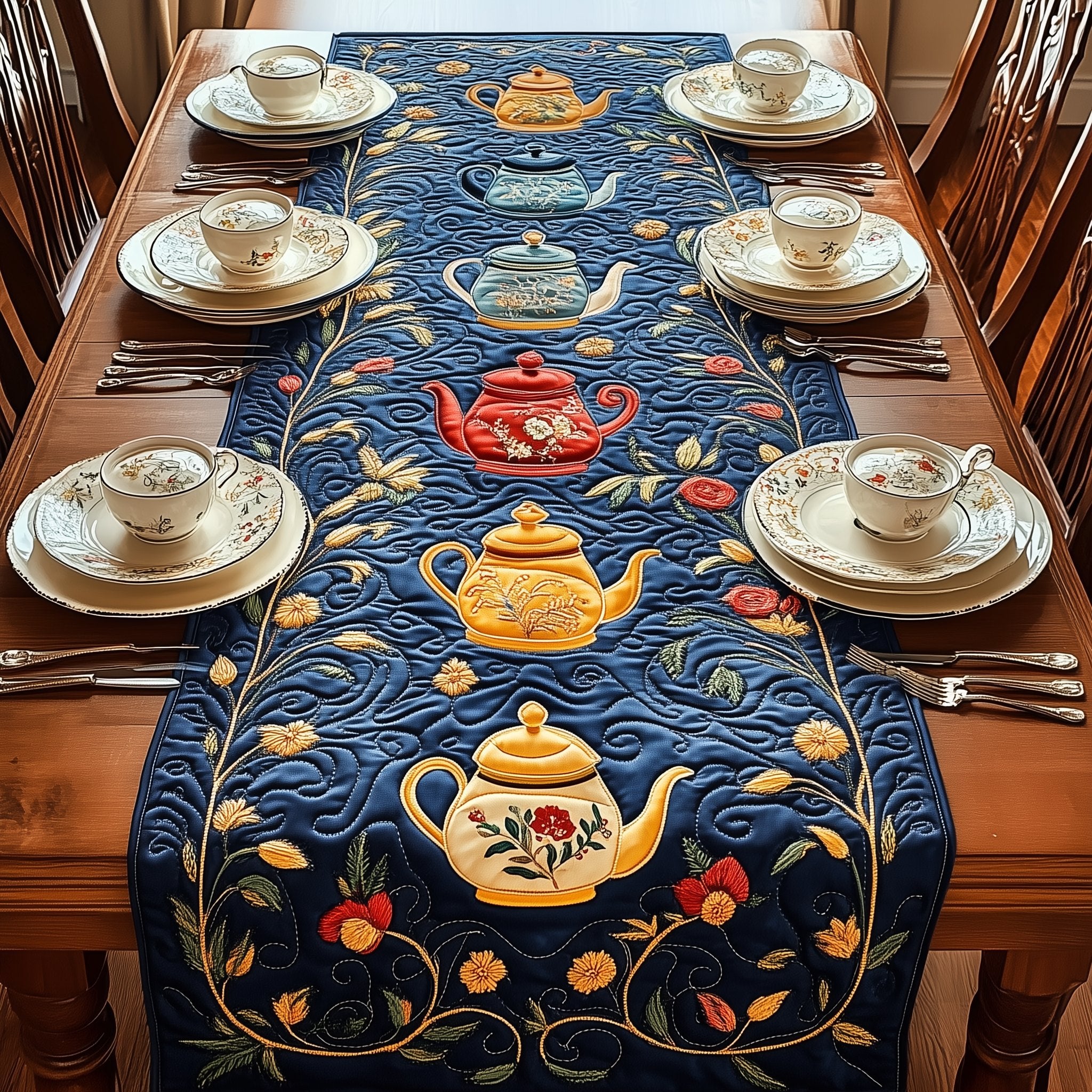 Yellow Teapots on Navy Folk Art Table Runner