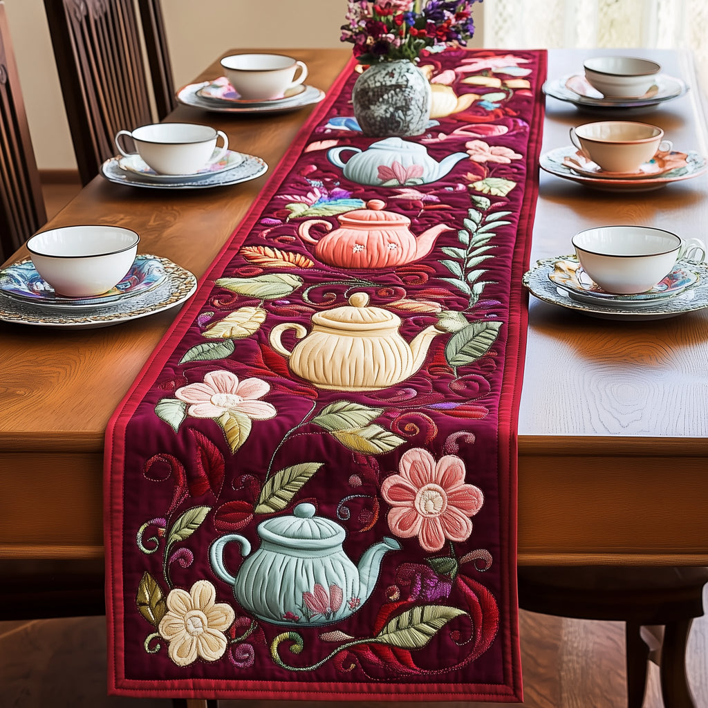 Teapots on Deep Red Blossoms Table Runner