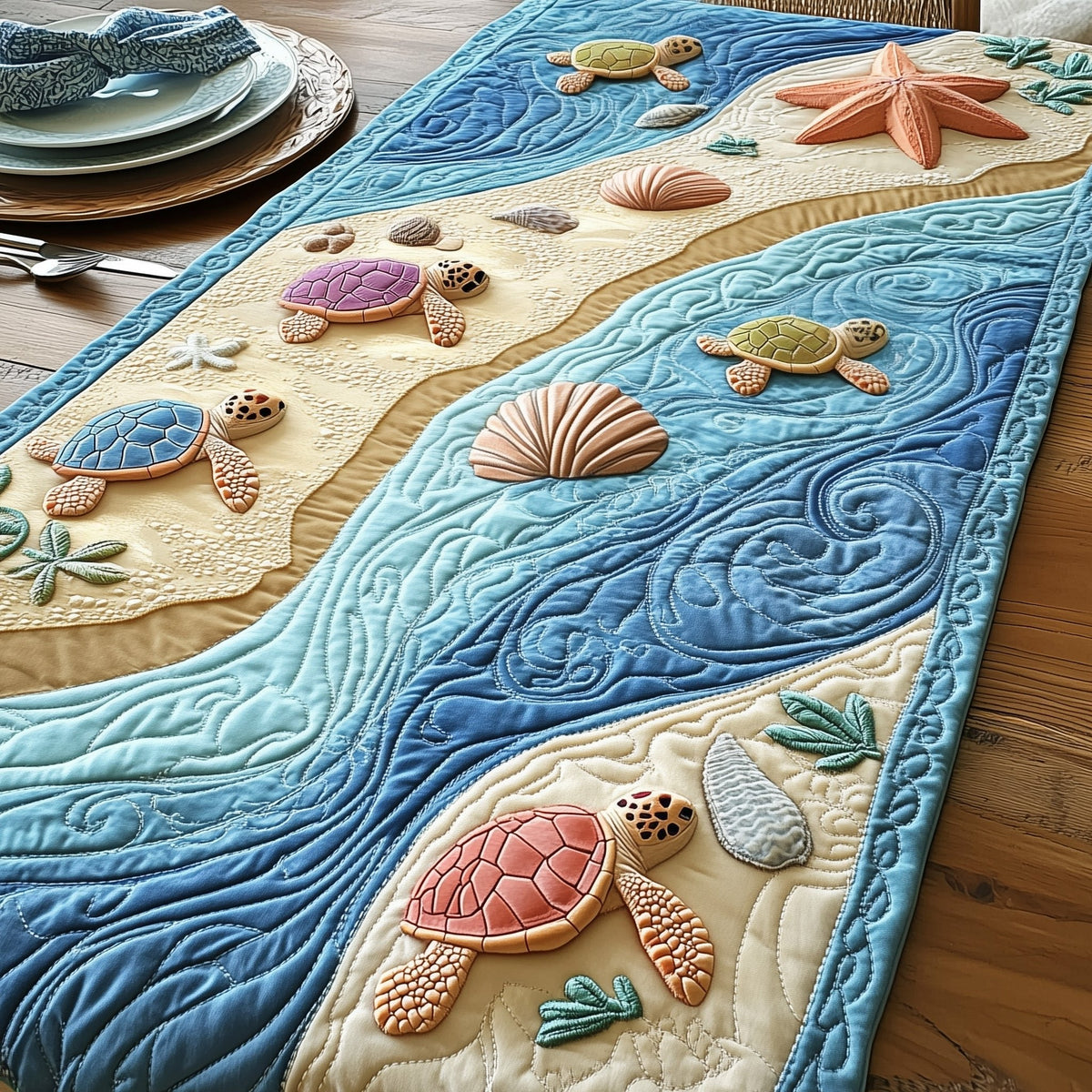Sea Turtles on Blue Swirls Table Runner