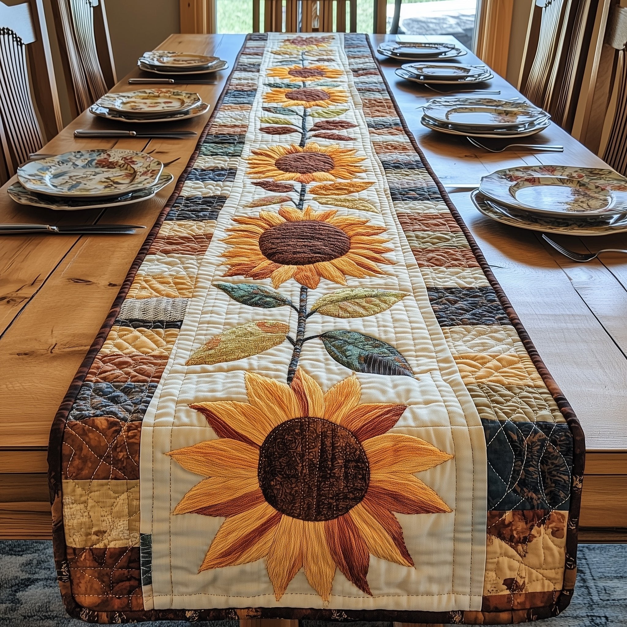 Sunflower on Cream Patchwork Border Table Runner
