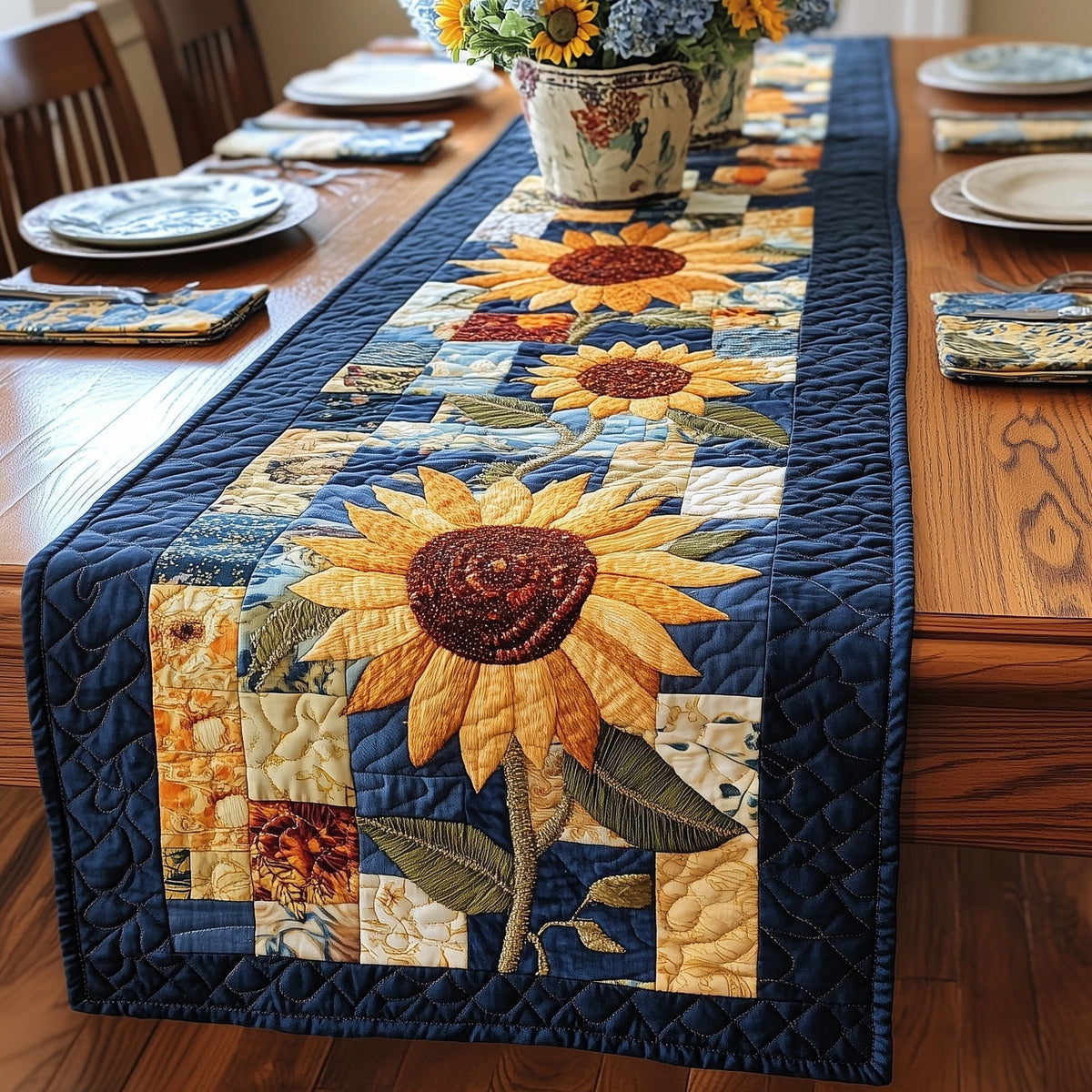 Sunflower on Navy Patchwork Table Runner