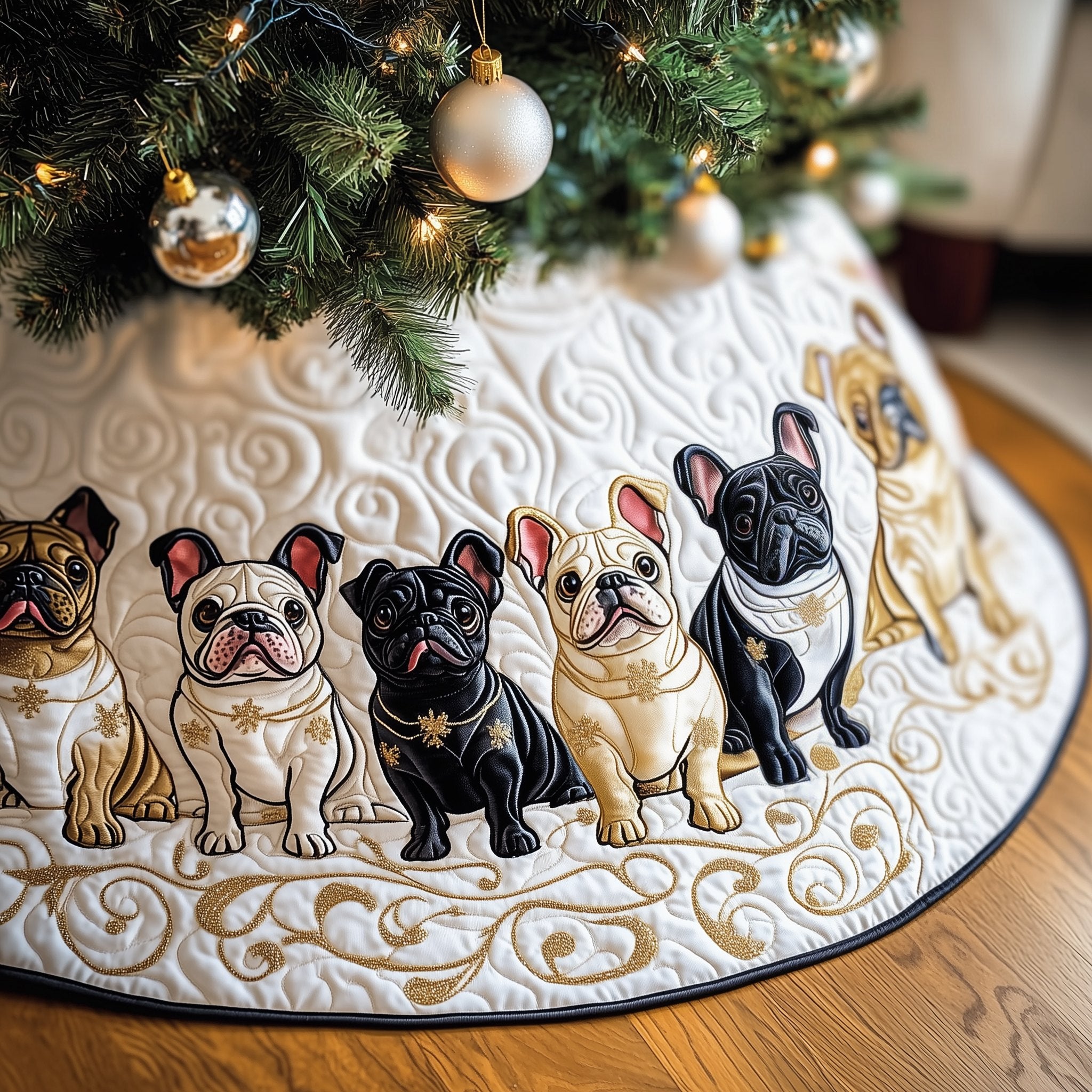 Frenchie Line on the Gold Swirl Christmas Tree Skirt