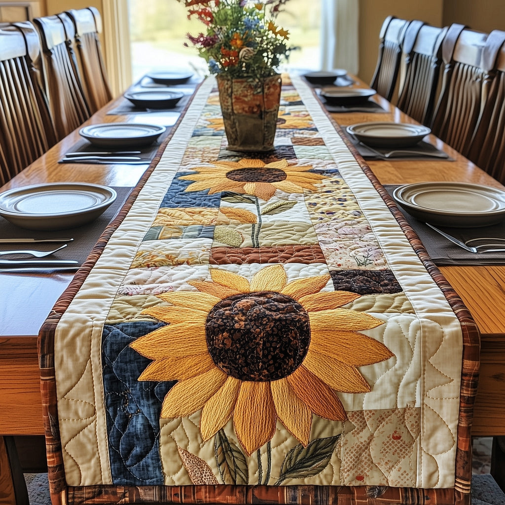 Single Sunflower on Cream Panel Table Runner
