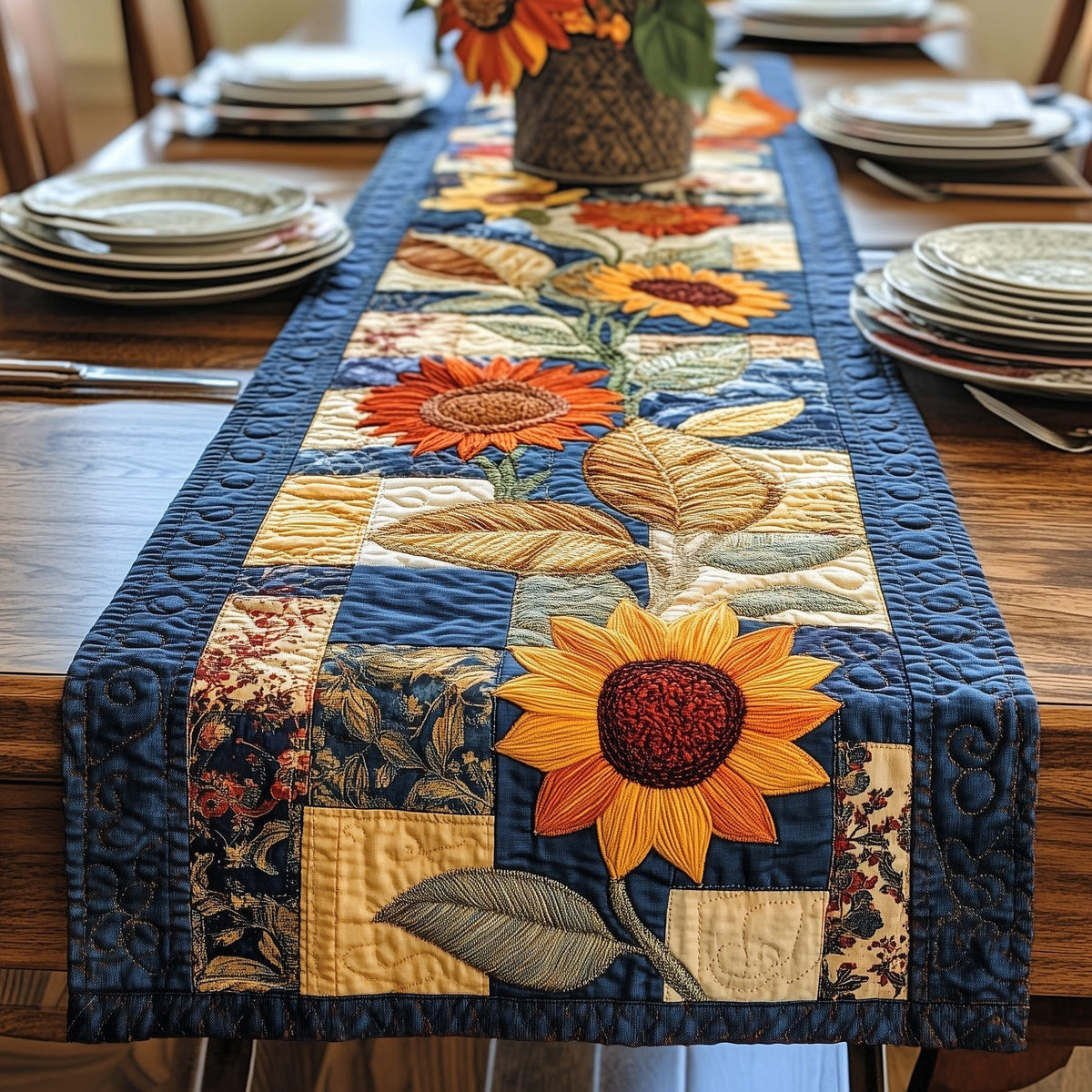 Sunflowers with Blue Patchwork Blocks Table Runner