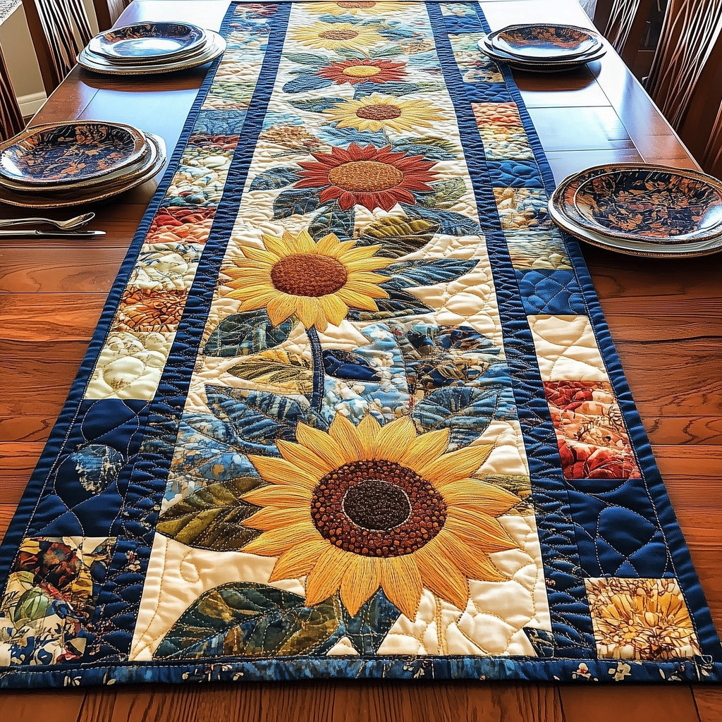 Sunflowers on Navy Quilt Blocks Table Runner