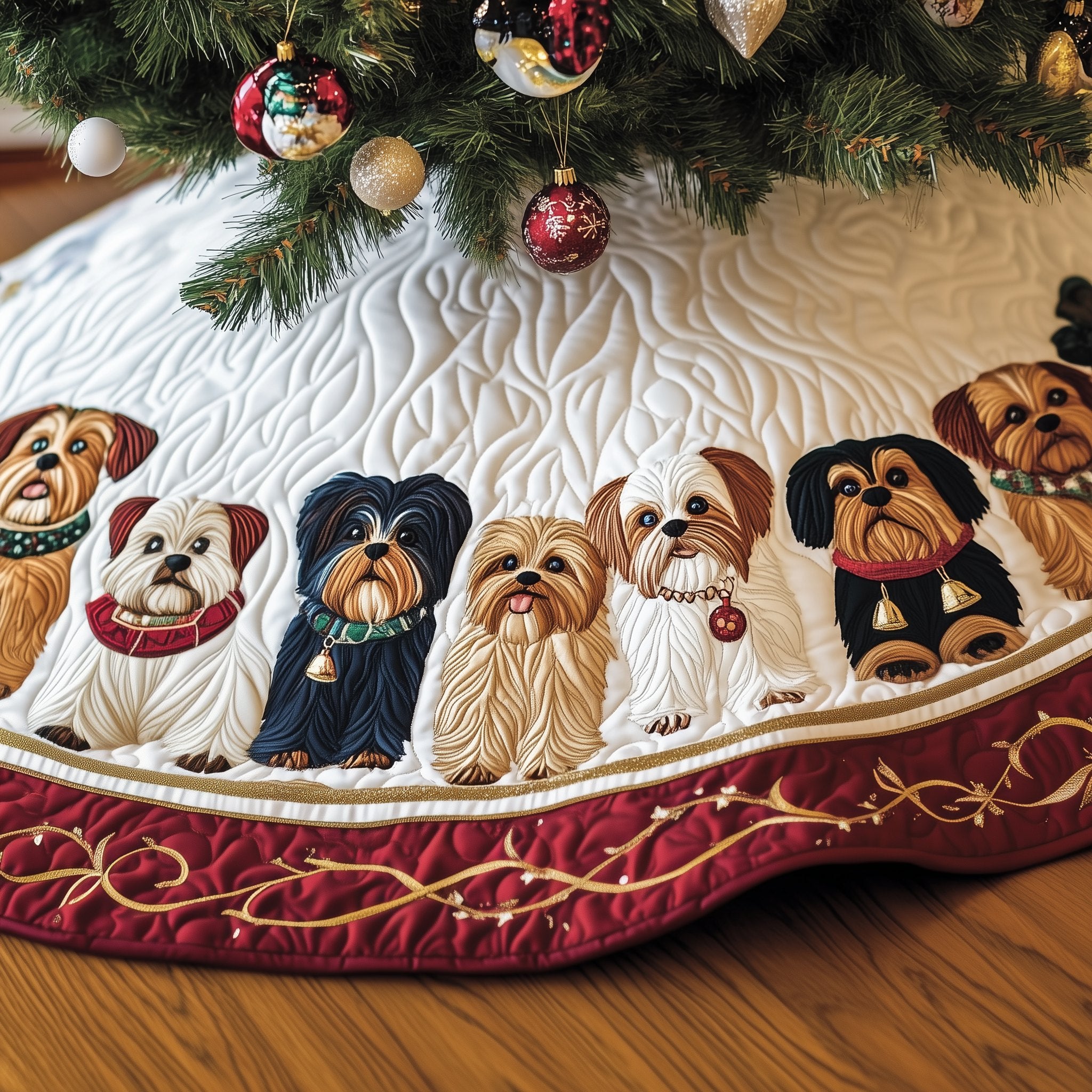 Shih Tzus on Burgundy Gold Vines Christmas Tree Skirt